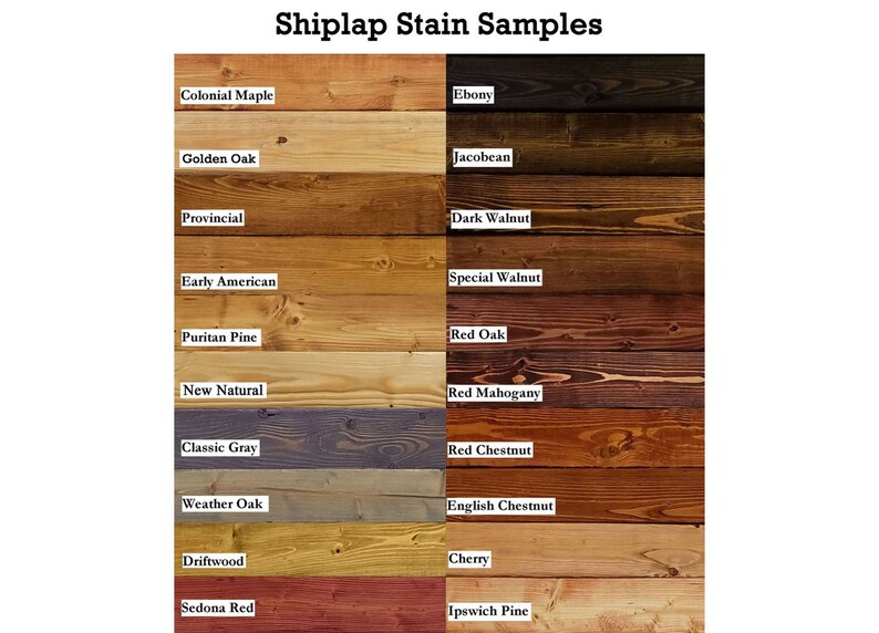 May include: Wood stain samples in various shades, including Colonial Maple, Ebony, Golden Oak, Jacobean, Provincial, Dark Walnut, Early American, Special Walnut, Puritan Pine, Red Oak, New Natural, Red Mahogany, Classic Gray, Red Chestnut, Weather Oak, Driftwood, English Chestnut, Cherry, Sedona Red, and Ipswich Pine.