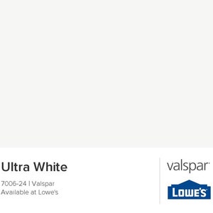 May include: Ultra White paint color swatch from Valspar, available at Lowe's. The color is a very light white, almost off-white.