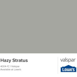 May include: Hazy Stratus paint color swatch, a light gray color, with the text "Hazy Stratus", "4004-1C | Valspar", and "Available at Lowe's". The Valspar logo is in the bottom right corner, with the Lowe's logo below it.