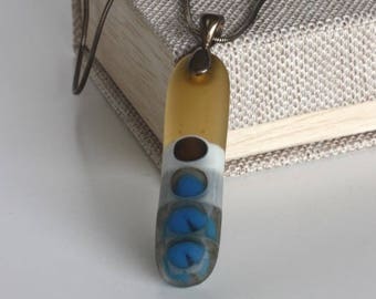Hand Made Glass Pendant Necklace, Warm Blue, White, & Amber