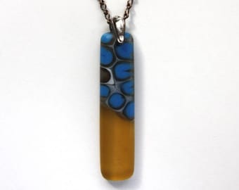 Hand Made Glass Pendant Necklace, Warm Blue & Amber