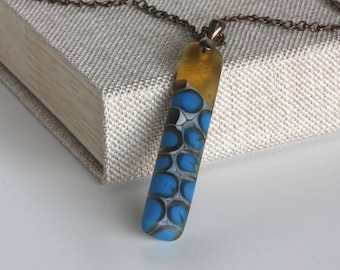 Hand Made Glass Pendant Necklace, Warm Blue & Amber