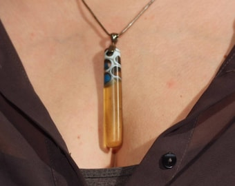 Hand Made Glass Pendant Necklace, Warm Blue, White, & Amber