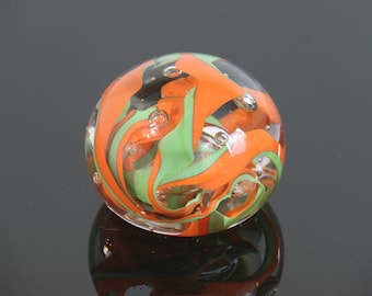 Hand Blown Swirly Green & Orange Glass Paperweight PW85