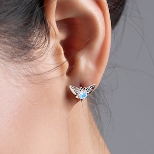 Rainbow moonstone earring studs-Small butterfly earrings-Stacks dainty multiple piercing earrings-Stacking everyday earrings-June birthstone