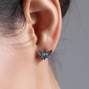 Black opal earring studs-Small butterfly earrings-Stacks dainty multiple piercing earrings-Alternative October birthstone earrings-Stacking