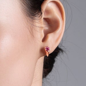 Pink tourmaline earrings stud-Small drop dainty stacks earrings-Multiple piercing teardrop alternative October birthstone earrings-Rubellite