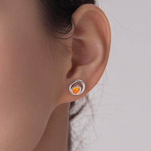 Orange fire opal earrings studs-Circle oval simple earrings in gold-Small minimalist stacks alternative October birthstone earrings-Dainty