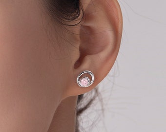 Rose quartz earrings studs-Circle oval simple earrings in gold-Small minimalist stacks earrings-Dainty everyday October birthstone earrings