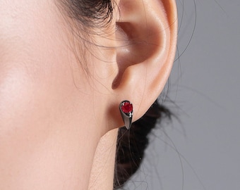 Ruby earrings stud-Small drop earrings-Dainty stacks earrings-Multiple piercing earrings-Teardrop tiny July birthstone earring-Pear-Everyday