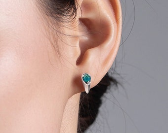 Teal sapphire earrings stud-Small drop earrings-Dainty stacks earrings-Multiple piercing earrings-Teardrop tiny September birthstone earring