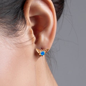 Blue opal earring studs-Small butterfly earrings-Stacks dainty multiple piercing earrings-Alternative October birthstone earrings-Stacking