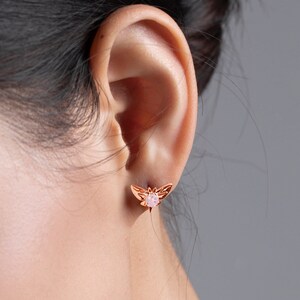 Rose quartz earring studs-Small butterfly earrings-Stacks dainty multiple piercing earrings-Stacking everyday earrings-October birthstone