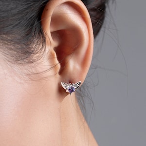 Butterfly purple sapphire earring studs-Small stacks earrings-Dainty multiple piercing earrings-Stacking tiny earrings-September birthstone