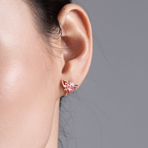 Pink sapphire earring studs-Small butterfly earrings-Stacks dainty multiple piercing earrings-Tiny earrings-Alternative October birthstone