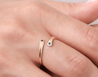 Black diamond ring bypass-Gold ring simple-Open ring promise-Unique ring engagement-Wedding ring minimalist-Stacking ring dainty-Two stone