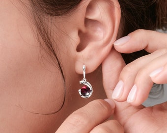 Garnet earrings-Drop dangle earrings-Ball earrings dangling-January birthstone earrings-Simple silver earring for women-Everyday earrings