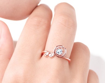 Moissanite ring-Diamond alternative ring-Dainty minimalist ring-April birthstone ring solitaire-Circle ring simple-Wave ring-Rose gold ring