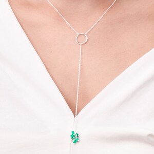 Y necklace-Emerald green onyx necklace-Long lariat necklace-May birthstone necklace-Drop layering necklace-Silver chain necklace-Circle bead