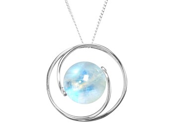 Rainbow moonstone necklace, Round pendant, 14k white gold necklace, Simple minimalist circle necklace, Unique white stone necklace for women