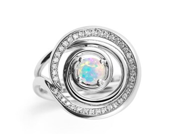 Opal ring set-Bridal ring set-Engagement wedding ring set for women-Diamond ring set-White gold ring set-Alternative ring unique-Circle ring