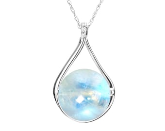 Rainbow moonstone necklace diamond-June birthstone necklace-Teardrop pendant simple necklace-White gold necklace-Minimalist galaxy necklace