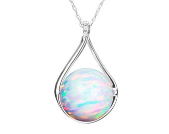 Rainbow opal necklace diamond-October birthstone necklace-Teardrop pendant simple necklace-White gold necklace-Minimalist space necklace-Orb