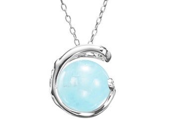 Aquamarine crystal ball necklace pendant-Round March birthstone necklace-Simple minimalist necklace-Silver wave ocean necklace-Sphere orb