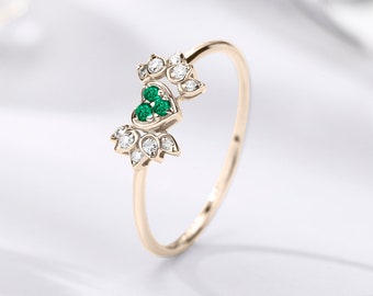 Emerald ring diamond-Alternative engagement ring-Heart angel wings ring-May birthstone ring wedding-Promise ring unique-Dainty ring gold