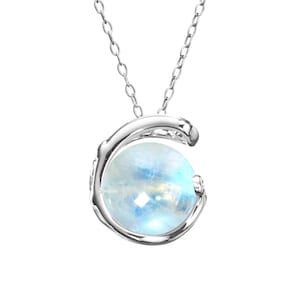 Rainbow moonstone crystal ball necklace pendant-Round June birthstone necklace-Simple minimalist silver necklace-Wave ocean inspired sphere