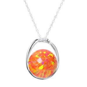 Fire opal diamond necklace-Orange crystal ball pendant-October birthstone necklace-Simple solitaire necklace-Minimalist oval necklace-Chain