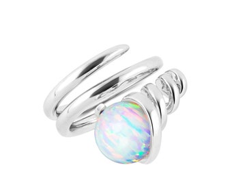 Rainbow opal ring-Large statement ring-Right hand ring-October birthstone ring-Crystal ball ring-Wrap around ring-Spiral silver ring-Bold