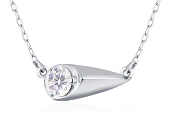 GIA certified diamond necklace pendant-Layering charm dainty necklace-Sideways teardrop simple April birthstone small necklace-Moissanite