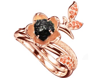 Conjunto de anillo de turmalina negro crudo, conjunto de anillo de boda único, conjunto de anillos de oro rosa rama de twig, anillo de compromiso alternativo, bandas de piedra negra cruda.