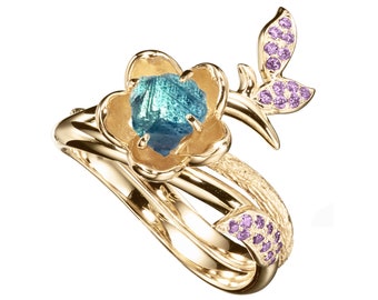 Raw sapphire ring + Amethyst band wedding ring set / Engagement ring set. 14K gold flower design bridal ring set. Unique engagement ring.