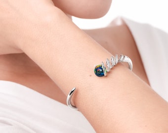 Black opal bangle silver-Open bangle bracelet-October birthstone bangle bracelet-Rainbow opal bangle-Sterling silver bracelet-Adjustable