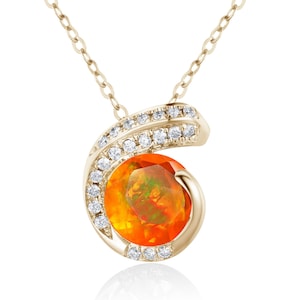 Orange fire opal diamond necklace pendant-Dainty layering chain necklace simple-Alternative October birthstone C necklace small minimalist
