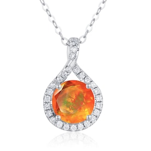 Orange fire opal diamond necklace pendant-Dainty drop layering necklace with chain-Simple small gold necklace-Alternative October birthstone