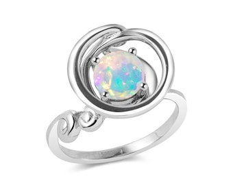 Rainbow opal ring for women-Solitaire ring-October birthstone ring-Opal ring sterling silver-Circle ring for her-Wave ring unique-Simple