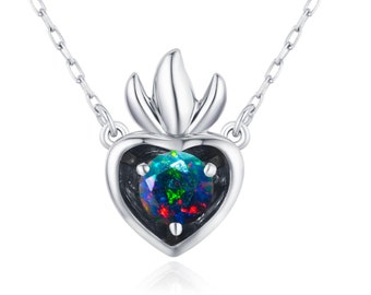 Black opal necklace pendant-Sacred heart necklace-Charm layering necklace-Alternative October birthstone necklace-Simple dainty minimalist