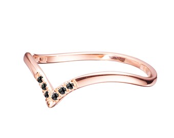 Black diamond ring band-V chevron ring-Wishbone stacking ring-Rose gold ring-Promise minimalist ring-Engagement wedding ring simple-Dainty