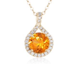 Mandarin orange garnet diamond necklace pendant-Dainty drop layering necklace with chain-Simple gold necklace-Alternative January birthstone