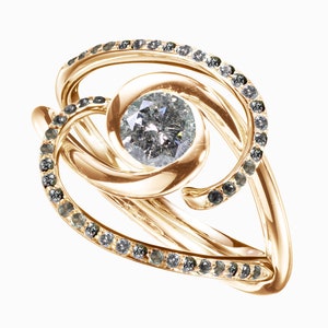 Solitär Ring mit Enhancer-Salz und Pfeffer Diamant Ring & Grau Galaxy Diamant Band-Verlobungs- und Trauringe Set-Classic Halo