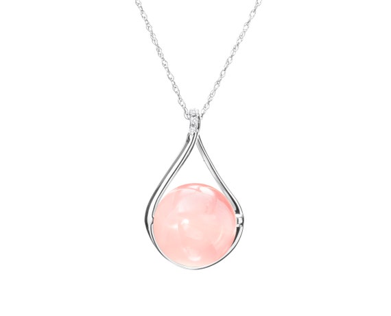 Rose Quartz Necklace In 14k White Gold With Diamonds - Pink Rose Quartz Pendant Rose Quartz Necklace In 14k White Gold With Diamonds - Pink Rose Quartz Pendant