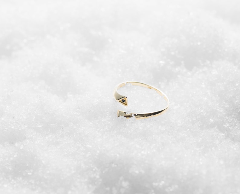 14k yellow gold ring Black diamond ring Minimalist engagement ring Bypass ring for women. Diamond wedding ring band Simple open ring