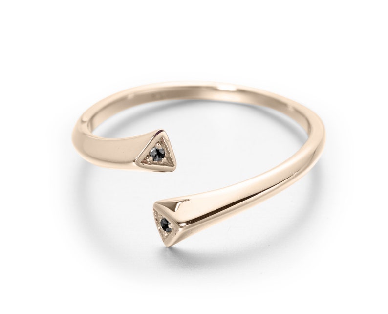14k yellow gold ring Black diamond ring Minimalist engagement ring Bypass ring for women. Diamond wedding ring band Simple open ring