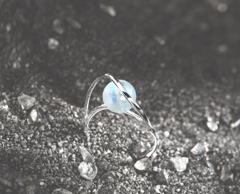 Unique wedding ring Alternative solitaire ring Rainbow moonstone engagement ring 14k white gold ring Minimalist white stone band women.