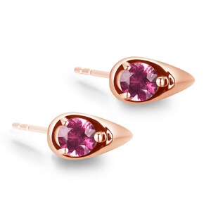 Pink tourmaline earrings stud-Small drop dainty stacks earrings-Multiple piercing teardrop alternative October birthstone earrings-Rubellite image 5