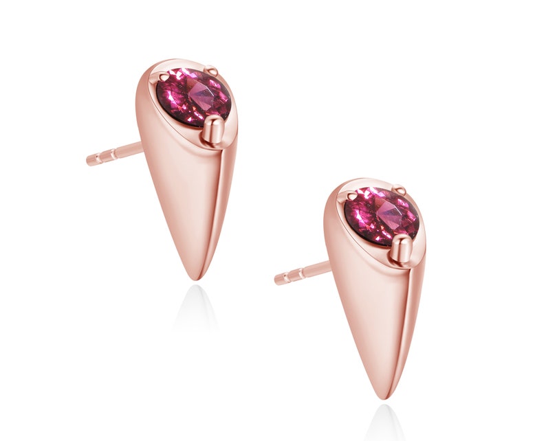 Pink tourmaline earrings stud-Small drop dainty stacks earrings-Multiple piercing teardrop alternative October birthstone earrings-Rubellite image 2