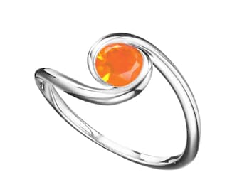 Orange fire opal ring-Solitaire engagement ring-Classic wedding ring-Spiral bridal ring-Simple minimalist ring proposal-14k White gold ring